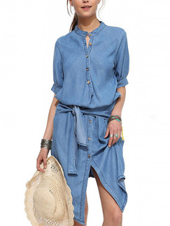 Blue Knee Length Denim Plus Size Dress for Casual Party