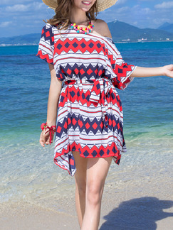 White Red Colorful Off Shoulder Shift Knee Length Dress for Casual Beach