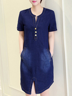 Blue Above Knee Shift V Neck Denim Plus Size Dress for Casual Party