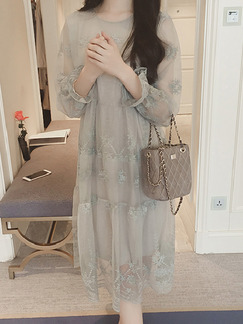 Gray Midi Shift Lace Long Sleeve Dress for Casual Party Evening