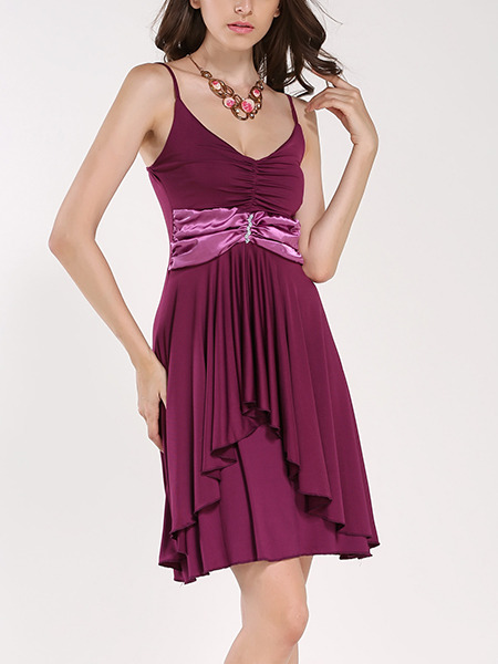 Purple Slip Plus Size Above Knee V Neck Fit & Flare Dress for Party Evening Cocktail On Sale
