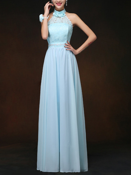 Blue Maxi Halter Lace Plus Size Dress for Prom Bridesmaid