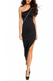 Black One Shoulder Bodycon Midi Dress for Party Evening Cocktail