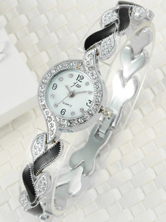 Silver and Black Silver Plated Band Bracelet Rhinestone Quartz Watch