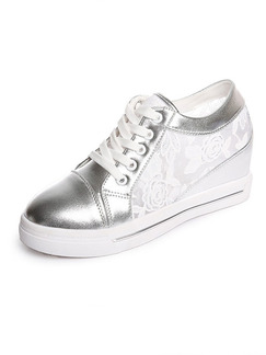 Silver and White Patent Leather Round Toe Lace Up Rubber Shoes Wedges