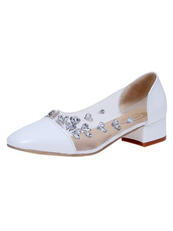 White Patent Leather Pointed Toe Low Heel Chunky Heel 4cm Heels