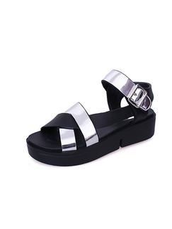 Black and Silver Leather Open Toe Platform Ankle Strap 4.5cm Sandals