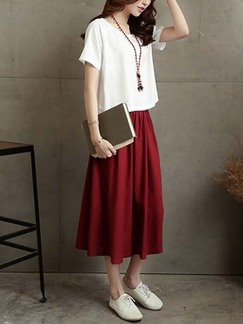 White and Red Long to Calf Short Sleeves Dress for Casual Summer