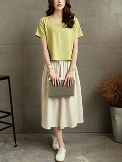 Green and White Long to Calf Short Sleeves Dress for Casual Summer