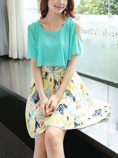 Blue and Colorful Off Shoulder Short to Mini Korean Dress for Casual Summer