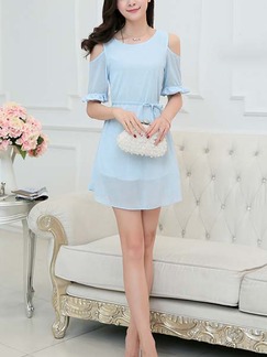 Blue Mini Short Sleeves Off Shoulder Dress for Casual Summer Party