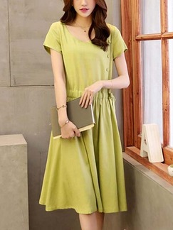 Green Long Below the Knee Short Sleeves Dress for Casual Summer