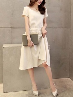 Beige Long Below the Knee Short Sleeves Dress for Casual Summer