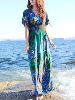 Blue V Neck Maxi Dress for Casual Beach