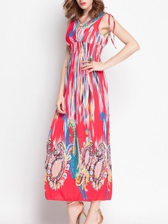 Red Colorful Maxi V Neck Dress for Casual Beach
