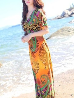 Yellow Colorful Maxi V Neck Dress for Casual Beach