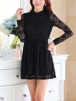 Black Lace Fit  Flare Long Sleeve Above Knee Dress for Casual Office Evening Party