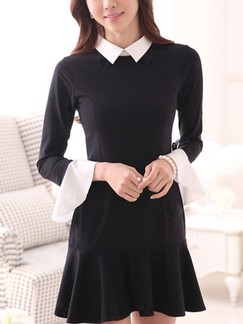 Black and White Shirt Fit & Flare Long Sleeve Above Knee Dress for Office Evening Casual