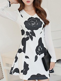 Black and White Long Sleeve Fit & Flare Above Knee Floral V Neck Dress for Casual Evening Party