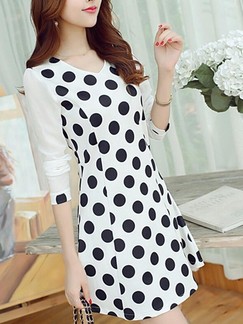 Black and White Polka Dot Long Sleeve Fit & Flare Above Knee V Neck Dress for Casual Evening Office