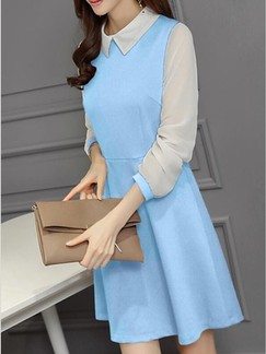 Blue and White Long Sleeve Shirt Fit & Flare Above Knee Dress for Casual Evening Office
