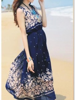 Blue Colorful Floral Maxi Dress For Casual Beach