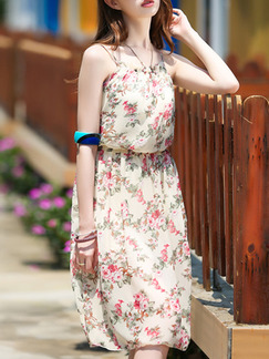 White Floral Slip Knee Length Dress for Casual Beach