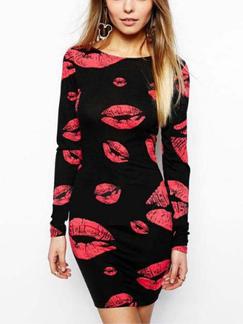 Black and Red Bodycon Above Knee Long Sleeve Dress for Cocktail Party Evening