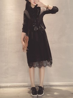 Black Shirt Shift Knee Length Plus Size Lace Long Sleeve Dress for Casual Party Evening