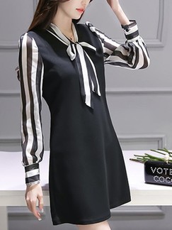 Black and White Shift Above Knee Long Sleeve Plus Size Dress for Casual Office Evening