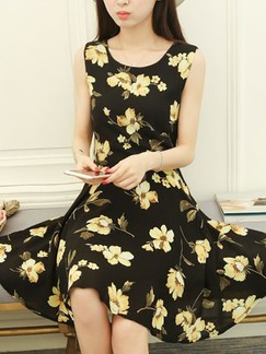 Black and Yellow Floral Fit  Flare Above Knee Plus Size Dress for Casual Party