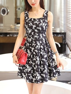 Black Slip Floral Fit  Flare Above Knee Plus Size Dress for Casual Party
