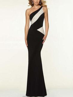 White and Black Bodycon One Shoulder Maxi Dress for Cocktail Prom