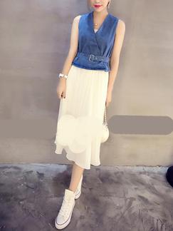 Blue and White Midi Fit & Flare V Neck Denim Dress for Casual