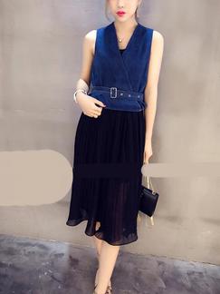 Blue and Black Midi Fit & Flare V Neck Denim Dress for Casual