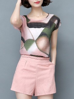 Pink and Green Cute Two Piece Shirt Shorts Plus Size Jumpsuit for Casual Office Evening