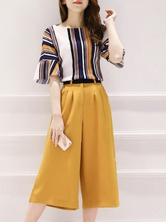 White and Yellow Two Piece Shirt Pants Wide Leg Jumpsuit for Casual Evening Office