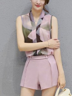 Pink and Green Cute Two Piece Shirt Shorts Wide Leg Plus Size V Neck Jumpsuit for Casual Office Evening