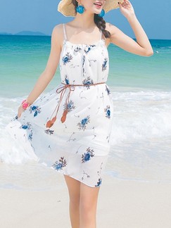 White and Blue Slip Knee Length Dress for Casual Beach