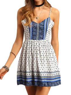 White and Blue Slip Above Knee Plus Size Fit  Flare Dress for Casual Beach Party