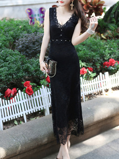 Black Bodycon V Neck Lace Maxi Dress for Cocktail Prom