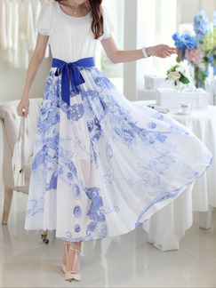 White and Blue Maxi Floral Fit & Flare Dress for Casual Beach
