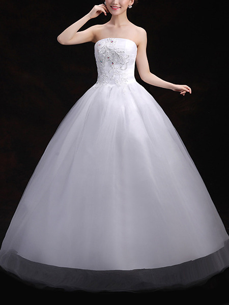 White Strapless Ball Gown Embroidery Beading Dress for Wedding On Sale