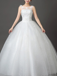 White Illusion Ball Gown Appliquies Bateau Dress for Wedding On Sale