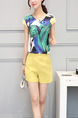 Blue Green and Yellow Two Piece Shirt Shorts Plus Size Wide Leg V Neck Jumpsuit for Casual Evening Party