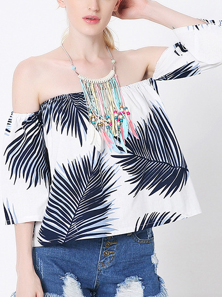 Blue and White Blouse Off Shoulder Plus Size Top for Casual Party Beach