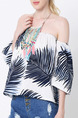 Blue and White Blouse Off Shoulder Plus Size Top for Casual Party Beach