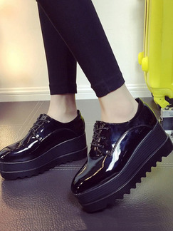 Black Patent Leather Pointed Toe Platform Lace Up Rubber Shoes