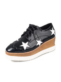 Black and White Leather Pointed Toe Platform Lace Up Rubber Shoes