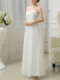 White Chiffon One Shoulder Lace Long Dress For Prom Bridesmaid Wedding